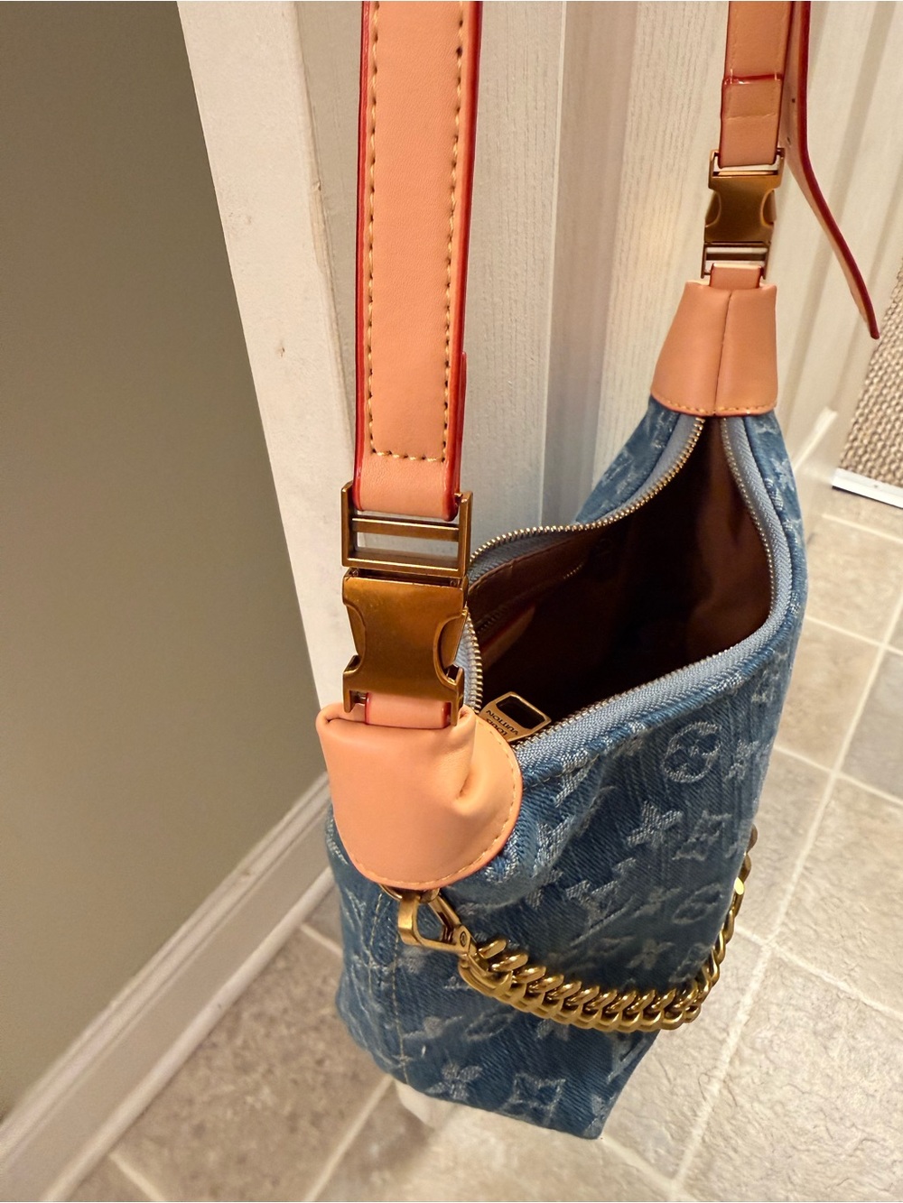 Denim Monogram Shoulder Bag with Gold Chain - Picture 3 of 7